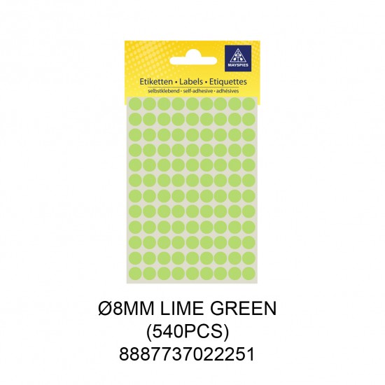 MAYSPIES MS008 COLOUR DOT LABEL / 5 SHEETS/PKT / 540PCS / ROUND 8MM LIME GREEN